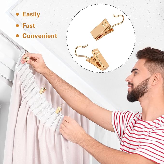 JANYUN 120 Pack Clip Hook Set Stainless Curtain Clips for Hanger Photo Light Home Decoration Art Craft Dispaly Hang Clip (Gold)