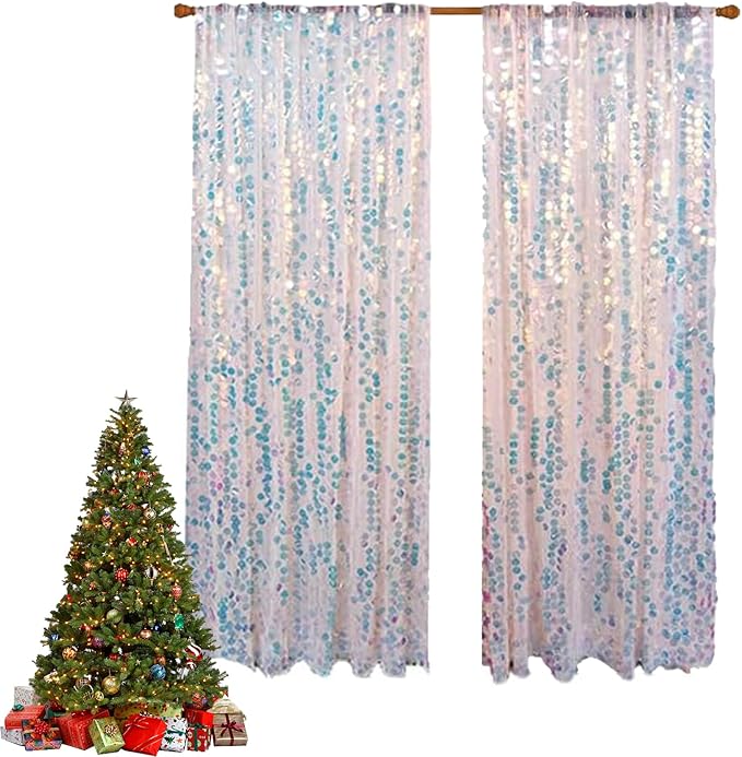 HH 9x9FT Iridescent Sequin Backdrop Curtains, 2 Panel Photography Backdrop Glitter Curtains Fabric Background, Large Shimmer Backdrop Drapes for Christmas Wedding Party Decor