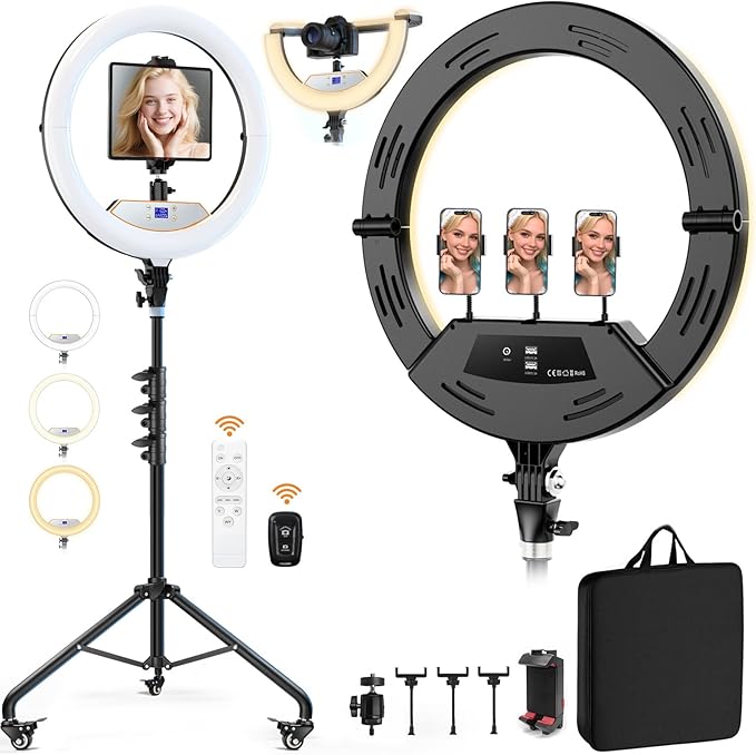 18" Foldable Ring Light with Stand for iPhone ipad Camera, 75" Tripod with Wheels 38W 6500K LED Display/Remote/2 USB Ports Large Big Ringlight Rolling for YouTube Facebook TikTok Live Video Recording