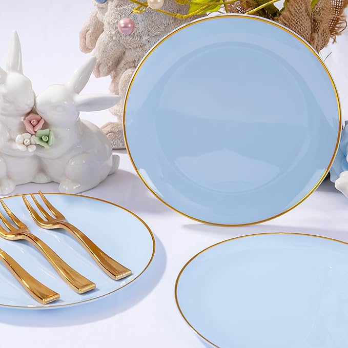 Festiva 200Pcs Blue Gold Cake Plates 6.3" with Plastic Forks 5"- Disposable Blue Dessert/Appetizer/Salad Plates- serve 100 guests for Party&Wedding&Easter