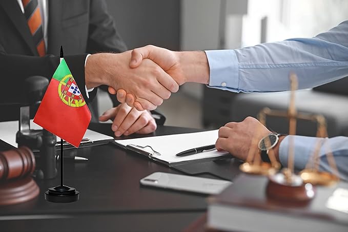 Portugal Portuguese Deluxe Desk Flag Set Small Mini Miniature Portugal Portuguese Table Desktop Flags With Solid Pole, Black Base and Spear Top(2 Pack)