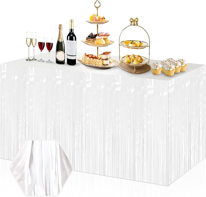 3 Pack 29x108 Inch Macaron White Foil Fringe Table Skirts Metallic Banner for Tinsel Streamer Garland Backdrop for Parade Floats Wedding Thanksgiving Birthday Christmas Halloween Party Decoration