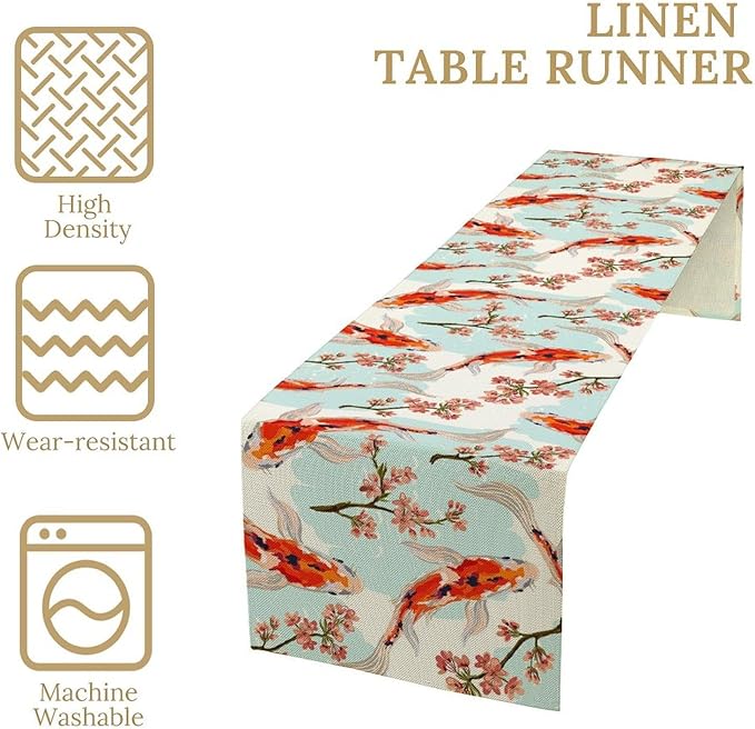 Japanese Kio Fish Table Runner Cherry Flower Art Printed Burlap Runner Home Kitchen Dining Table Living Room Decor Fabric 1 Panel W13xL60in