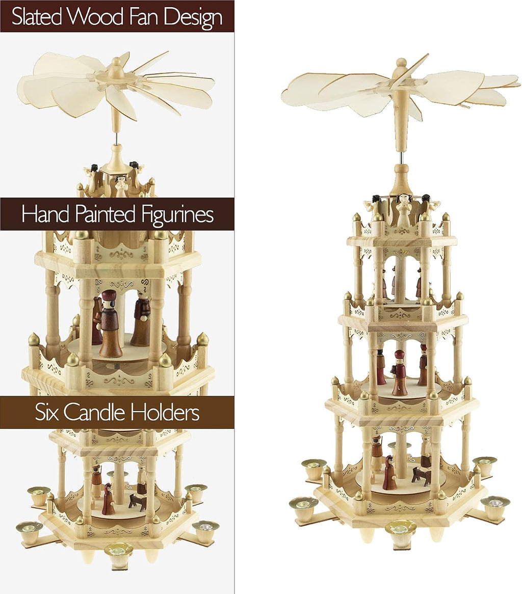 Clever Creations Beige Four Tier Carousel 22 Inch Traditional Wooden Christmas Pyramid Decoration, Festive Christmas Décor for Shelves and Tables
