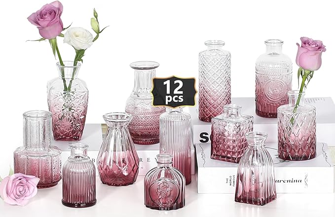 Mini Bud Vases Set of 12 As Wedding Centerpieces for Tables,Clear Bud Vases for Flowers,Small Flower Vases Suitable for Birthday Party,Anniversary,Wedding Reception,Baby Shower (Purple)