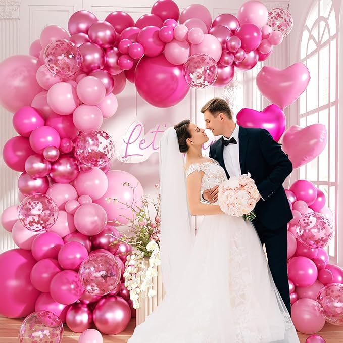 Hot Pink Balloon Garland Arch Kit,150Pcs Baby Pink and Metallic Magenta Balloon Pink Confetti Balloons with Heart Foil Balloons for Girls' Birthday Princess Wedding Baby Shower Party Decorations
