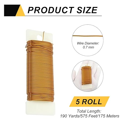 MECCANIXITY 190 Yards/575 Feet Metal Floral Wire 21 Gauge Gold Tone Flexible Paddle Thin Floral Wires for Craft, Christmas Wreath, Flower Arrangement, Wedding, Total 5 Roll