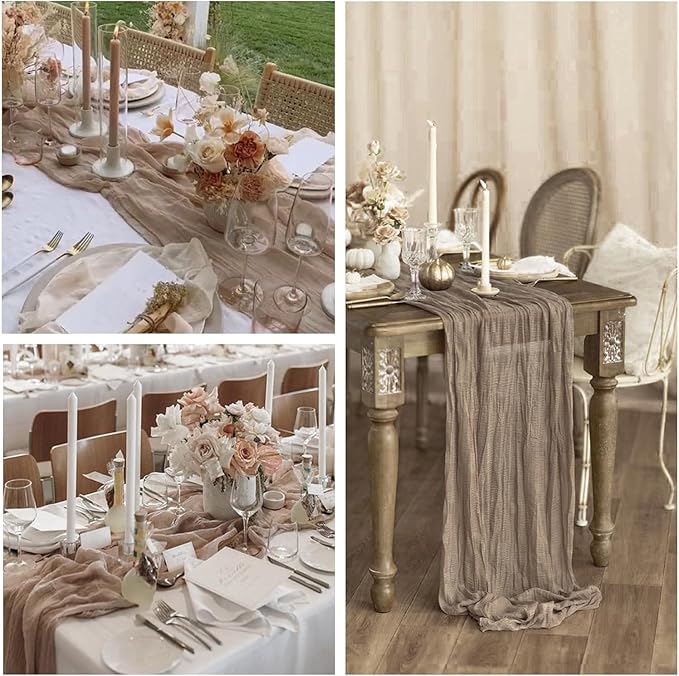 12Pcs Khaki Cheesecloth Table Runner 120 Inch10FT Nude Rustic Boho Cheesecloth Table Runnerfor Wedding Party Baby Shower Birthday Home Decor Holiday Decorations