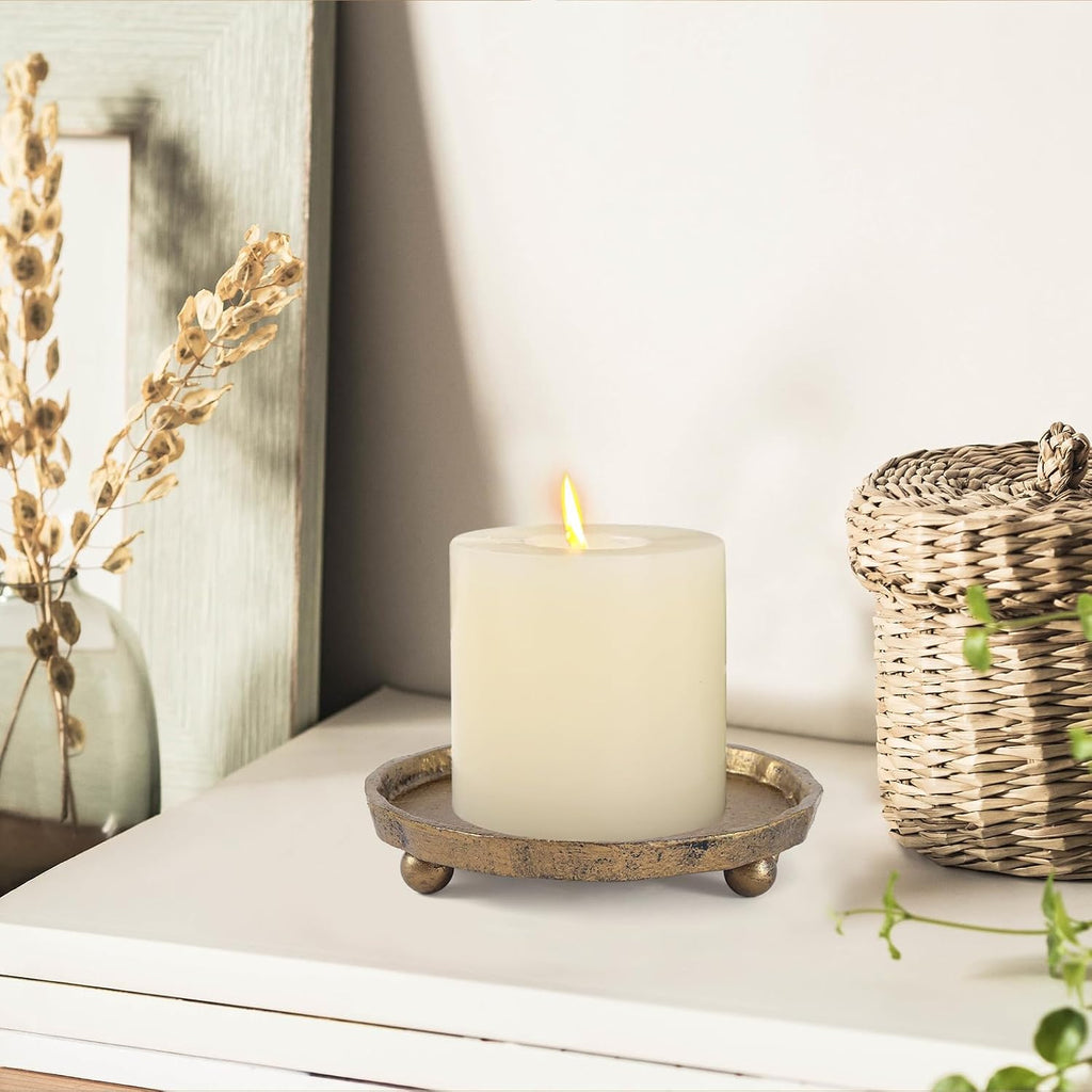 Vintage Cast Iron Pillar Candle Holder Plate, Rustic Brass Candle Tray – Round Candle Base Stand for Small Pillar Candles, Table Centerpiece & Home Decor Accent