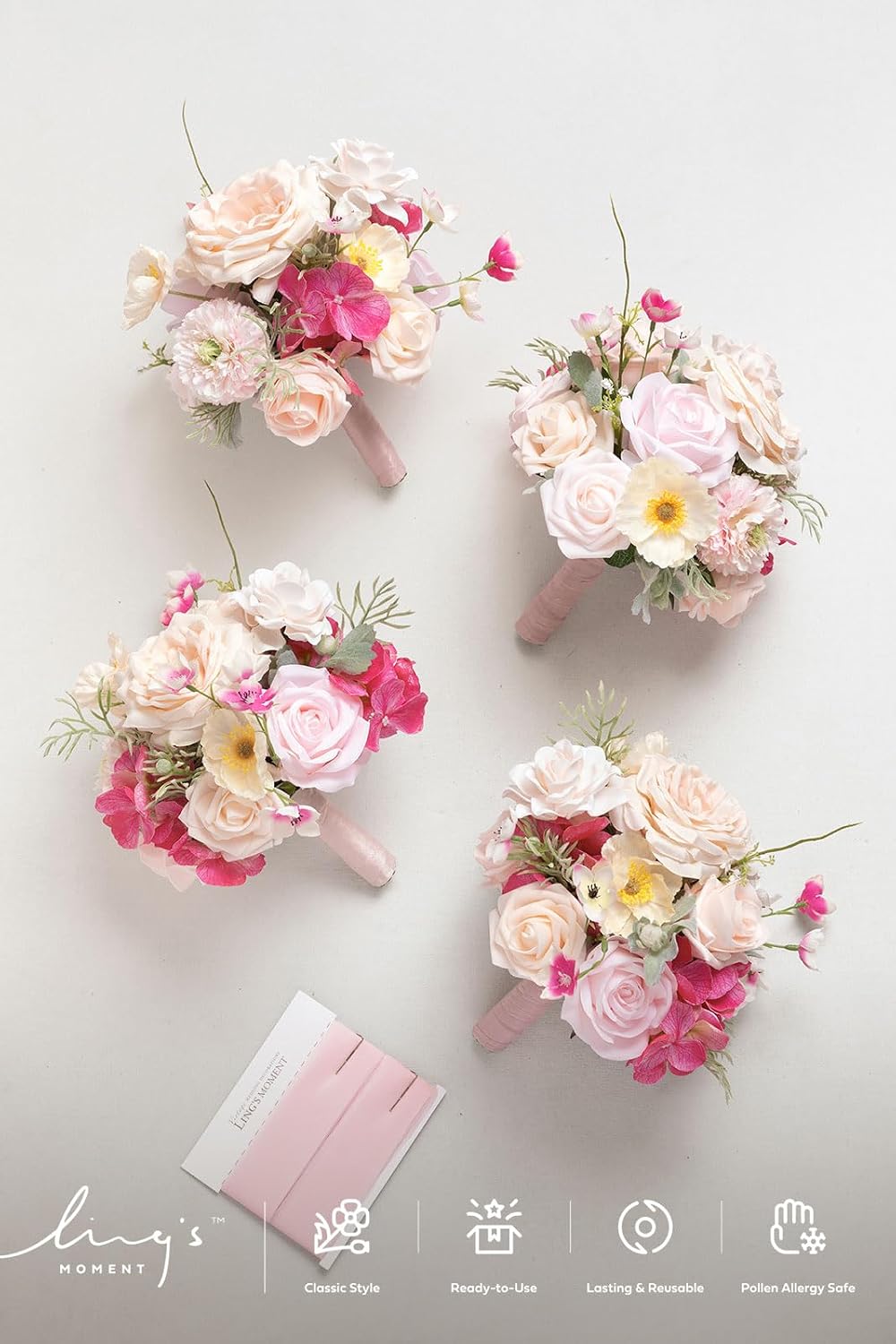 Ling's moment Artificial Flowers Powder Pink Cream Bridesmaid Bouquet 4 Pcs | Pink Wedding Flowers, 7 Inch Bridal Bouquets, For Bridesmaids