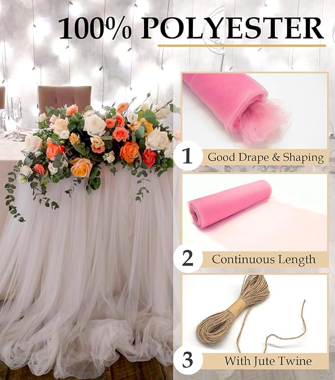 Pink Tulle Fabric Roll, 54" x 40 Yards (120FT) Tulle for Wedding Valentine's Day Decoration DIY Tutu Party Backdrop Baby Shower Table Skirts Gift Wrapping
