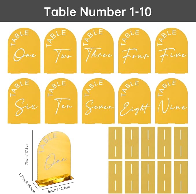 Gold Mirror Arch Wedding Table Numbers 1-10 with Stands, 5x7 Inch Acrylic Arch Sign with Holder for Wedding Reception Table Centerpiece Decoration(Gold Mirror)