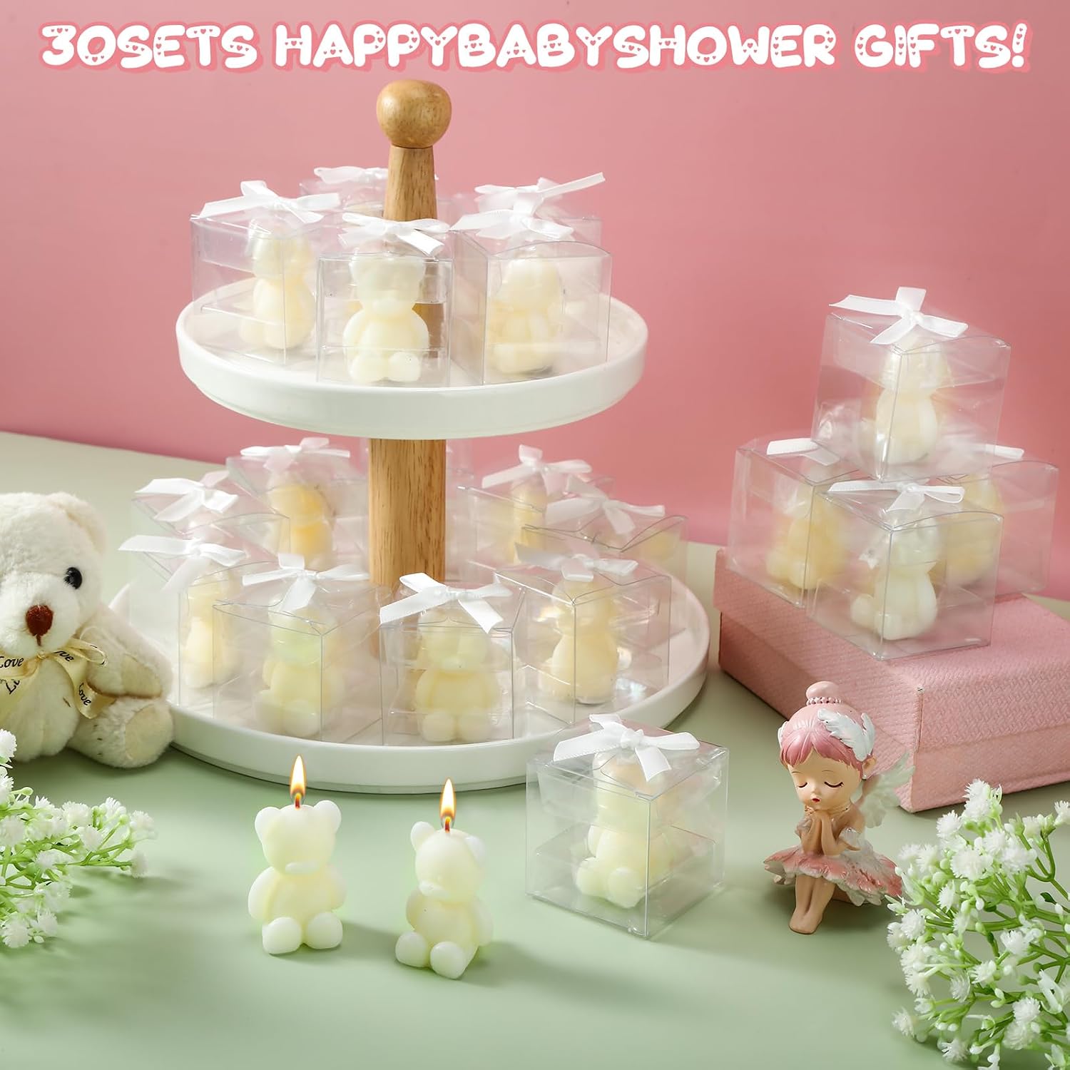 Hoolerry 30 Pcs Baby Shower Favors Mini Bear Candles Party Favors with Boxes Handmade Bear Shaped Candles Bulk for Baby Shower Boys Girls Wedding Gender Reveal Party Guest (White)