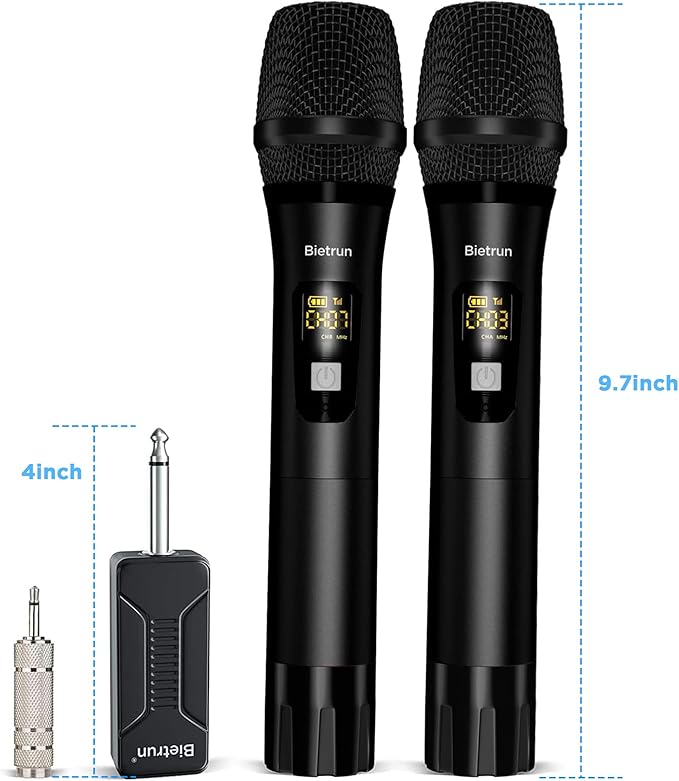 Wireless Microphone, Bietrun UHF Metal Dual Handheld Cordless Dynamic Mic System with Rechargeable Receiver, 1/4‘’Output, for Karaoke, Church, Speech, Wedding, Party Singing(160 ft Range)-Auto Connect