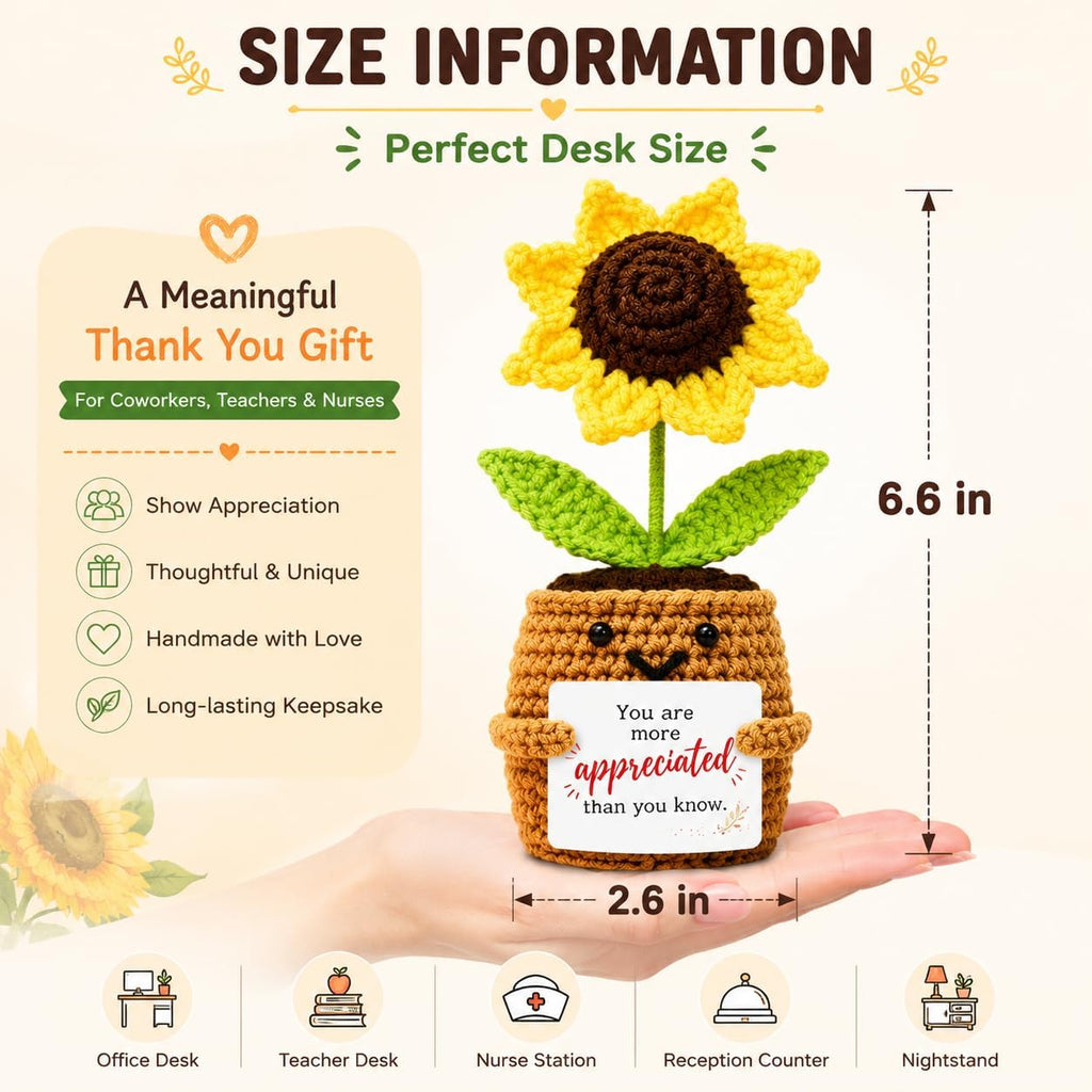 Handmade Positive Sunflower Crochet with Cards - Appreciation Gift for Coworkers, Teachers, Nurses and Friends - Desk Decor