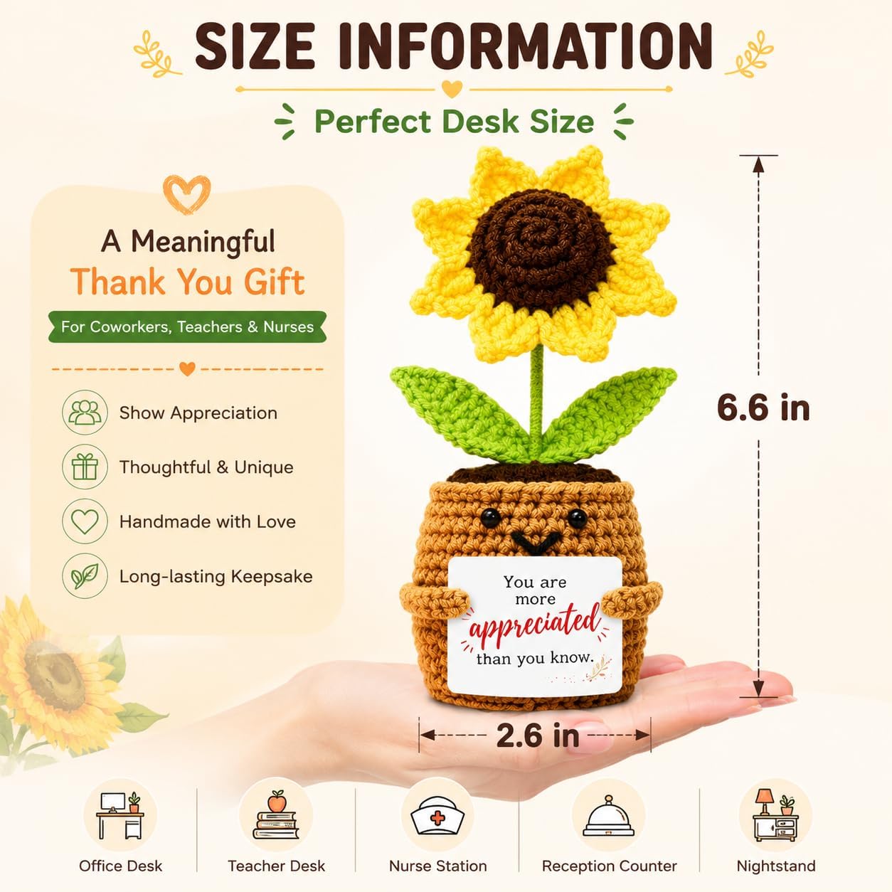 Handmade Positive Sunflower Crochet with Cards - Appreciation Gift for Coworkers, Teachers, Nurses and Friends - Desk Decor