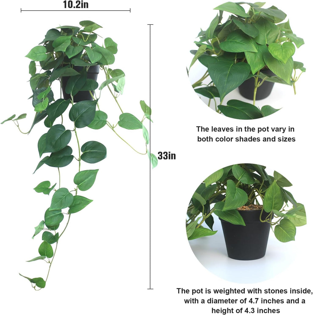 alyptus Fake Pothos Hanging Plants – 33" Set of 2 Faux Ivy Vines with Pots Realistic Silk Devil’s Ivy for Indoor Décor Low Maintenance Artificial House Plants for Home Bathroom or Office - Green