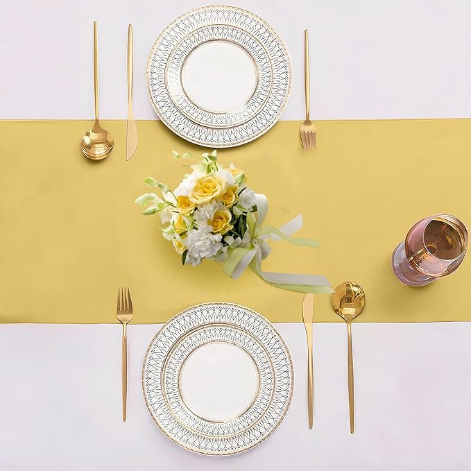 SHEJIZE 2 Pack Light Gold Satin Table Runner 12x108 Inches Long, Bright Silky Smooth Satin Table Runner Table Decor for Wedding Banquet Christmas Prom Event Birthday Party
