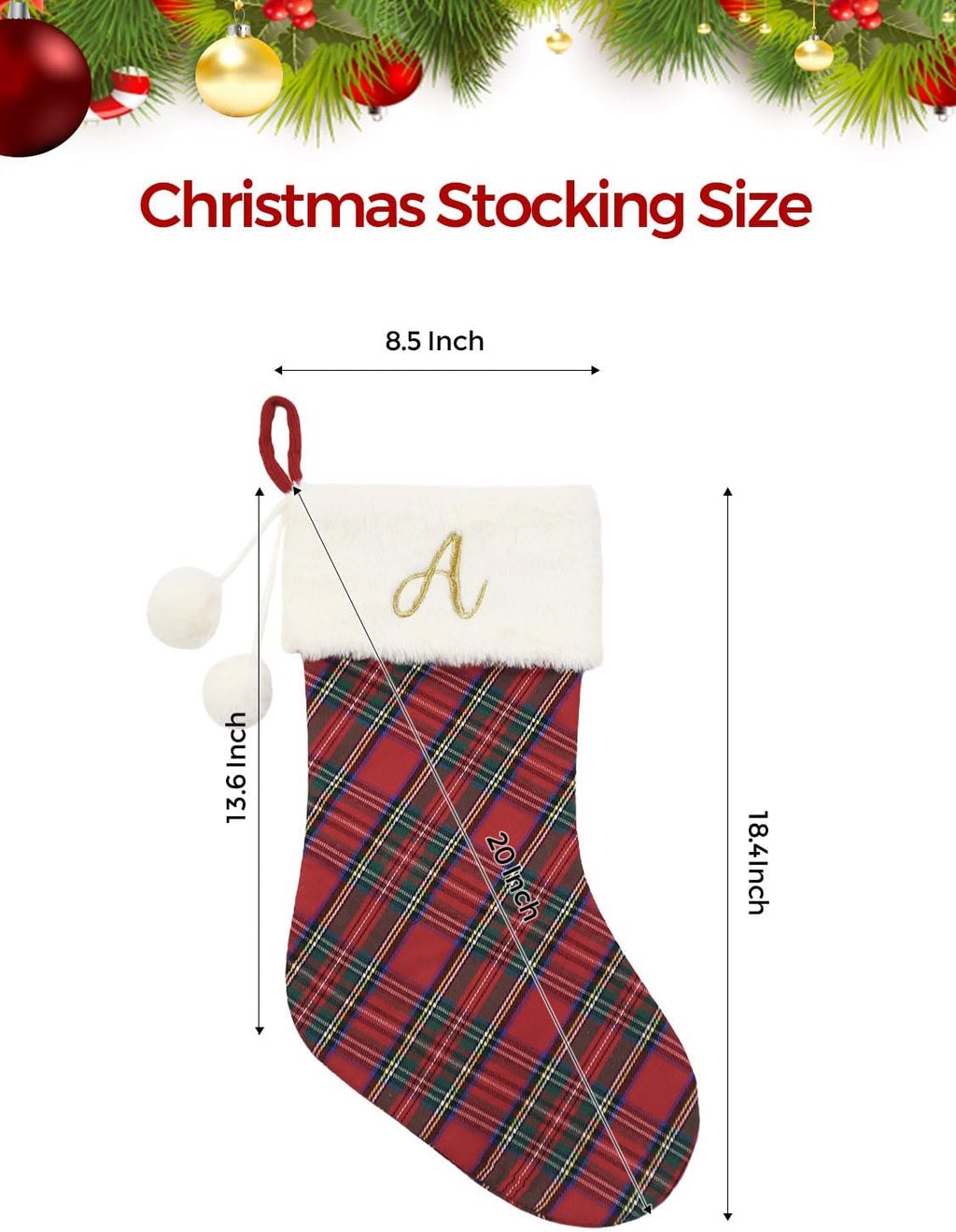 20" Classic Plaid Christmas Stockings Initial Monogram Embroidered Stockings with Pom Pom Ball for Christmas Fireplace Decor and Xmas Gift (M)