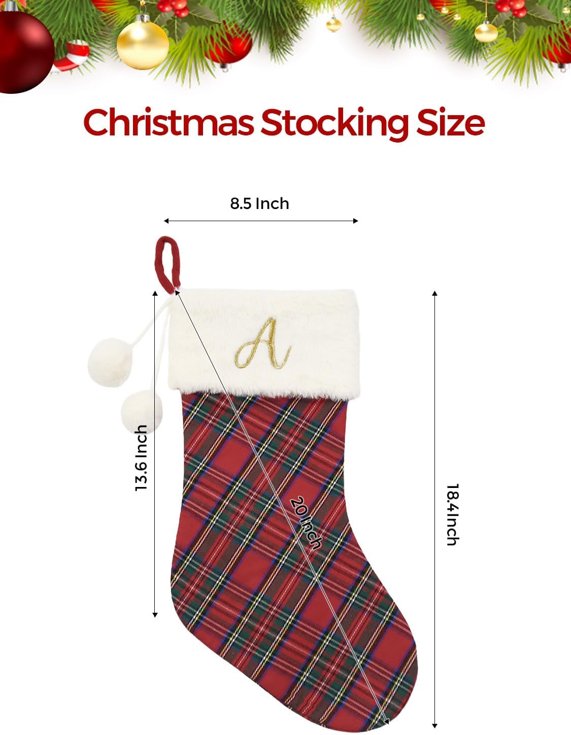 20" Classic Plaid Christmas Stockings Initial Monogram Embroidered Stockings with Pom Pom Ball for Christmas Fireplace Decor and Xmas Gift (M)
