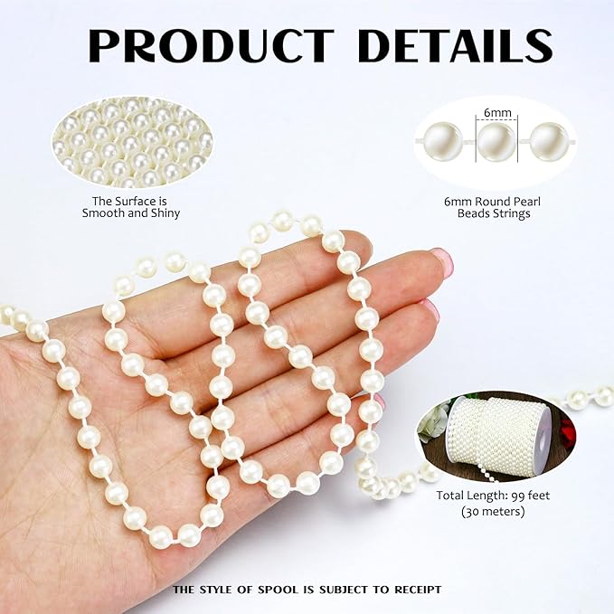 99 Feet 6mm Pearl Strings Garland for Crafts, Artificial Pearl Beaded Trim Chain Roll Strands for Wedding Centerpieces Bouquet Party Decoration Christmas Tree Garland, White