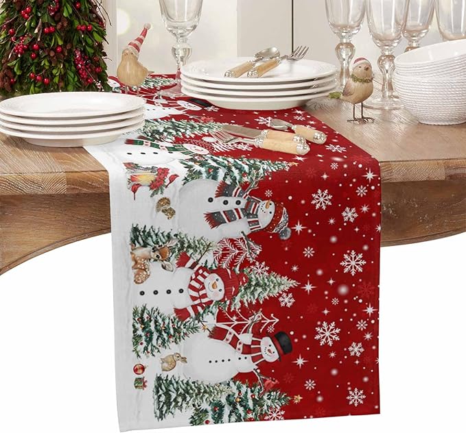 Christmas Snowman Cotton Linen Table Runner for Dining Kitchen, Xmas Tree White Snowflakes Winter Wedding Outdoor Party Tablerunners Decoration, Dresser Scarf Coffee Tablecloth Runners 13x60 Inches
