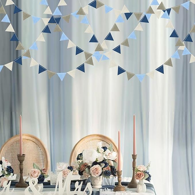 Dusty Blue Party Decoration Gray Blue Felt Hanging Triangle Mini Bunting Pennant Banner Flag for Baby Shower Birthday Wedding Nautical Ahoy Achor Bridal Shower Engagement Party Classroom Nursery Decor