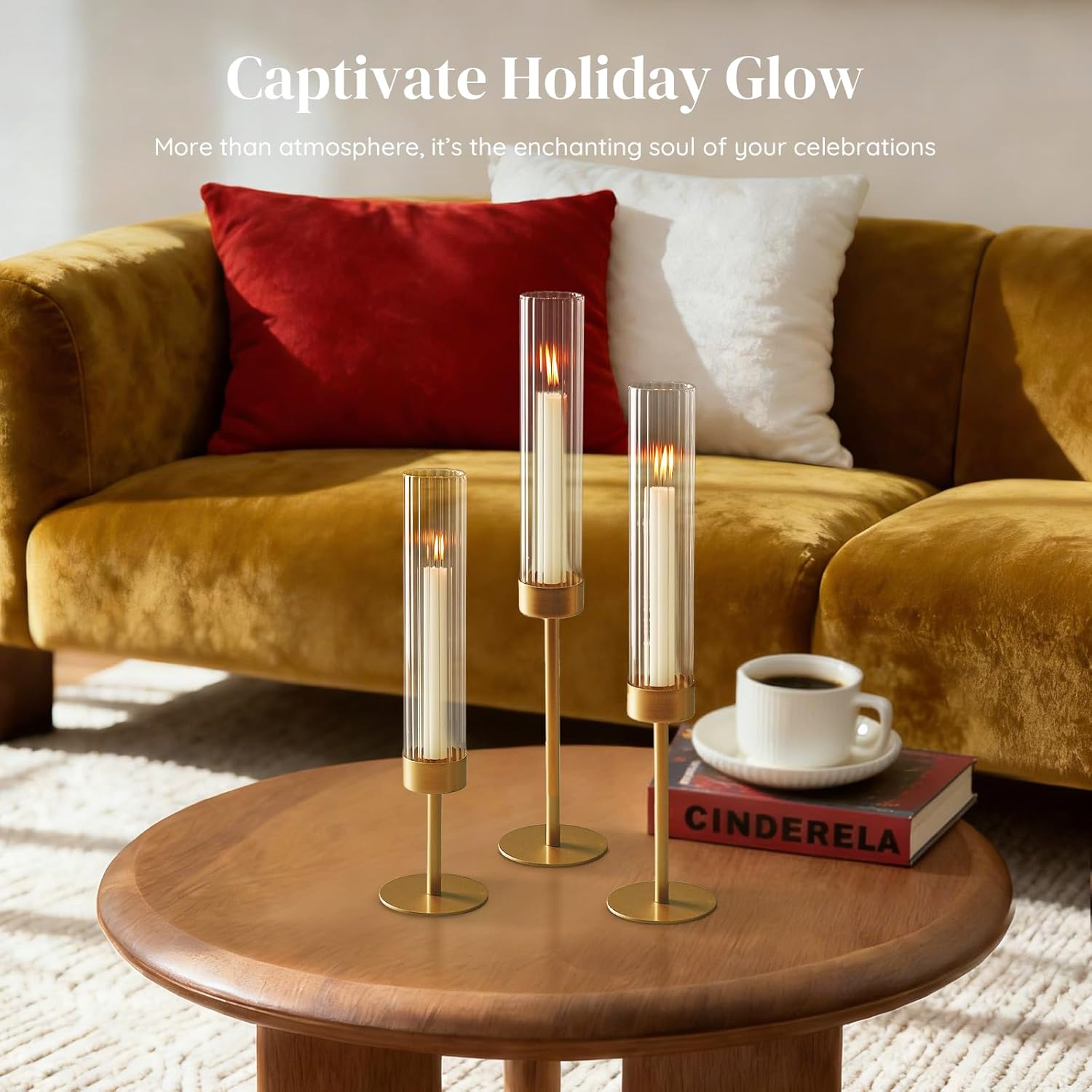 Gold Hurricane Taper Candle Holders: Glasseam 3Pcs Brass Candlestick Holders with Ribbed Glass Cylinder Cover Fluted Tall Candle Sticks Holder Decor for Table Centerpiece Wedding Christmas Decorations