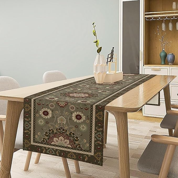 Vintage Paisley Floral Table Runner, Brown Boho Rustic Farmhouse Flower Pattern for Home Kitchen Table Decor Dining Coffee Room Party Decor 13x72in