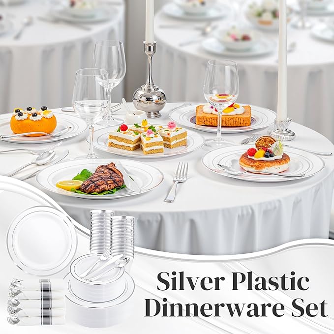 350Piece Silver Plastic Dinnerware Set for 50 Guests - Silver Plastic Plates with Cutlery Include:50Dinner Plates-50Dessert Plates-50Pre Rolled Napkins with Silverware for Christmas