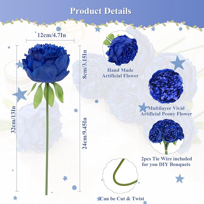 U'Artlines Artificial Peony Silk Flower with Stems 10pcs Real Look Vintage Peonies for Home Wedding Decoration (Navy Blue)