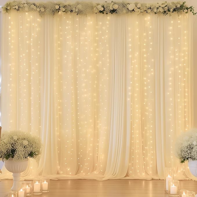 10ft x 10ft Beige Chiffon Backdrop Curtain with Lights String for Parites Wedding Wrinkle Free Curtain Photo Backdrops Drapes for Baby Shower Birthday Party Home Decorations