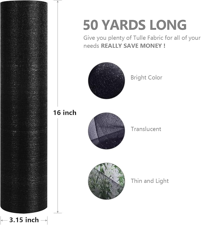 Crystal Organza Fabric Tulle - 16" by 50 Yards Sheer Fabric for Wedding Party Decoration Bridal Shower Tutu Roll Netting Spool Ribbon Wrapping (Black)