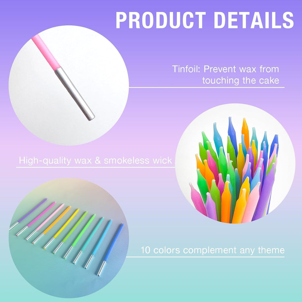 40-Count Rainbow Birthday Candles, Tall Thin Birthday Cake Candles Set, Rainbow Cupcake/Cake Decorations