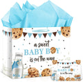Frakron Baby Boy Shower Gift Bag with Card & Wrapping Tissue Paper Milk and Cookies Theme Party Supplies Large Blue A Sweet Baby Boy is on the Way Gift Wrap Bags for Newborn Gender Reveal Sprinkle
