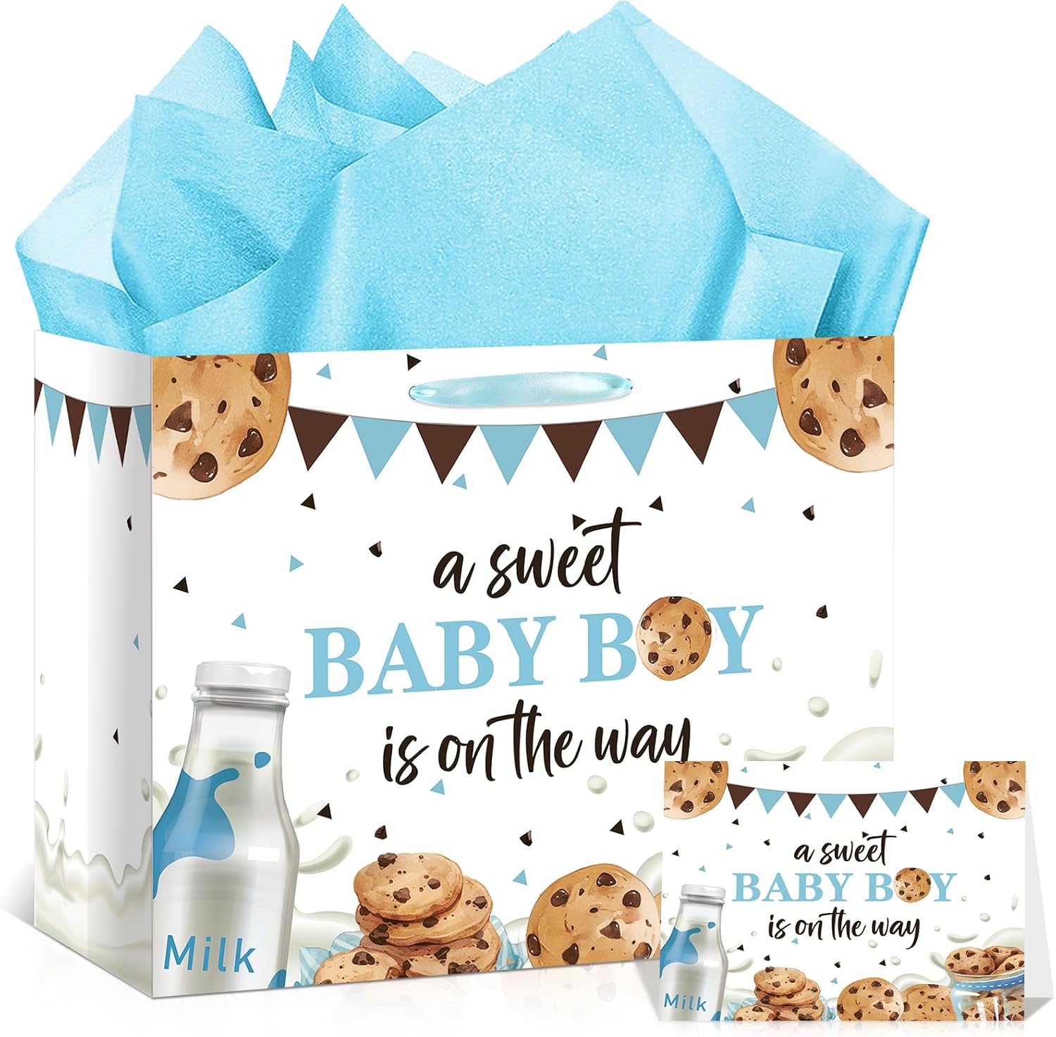 Frakron Baby Boy Shower Gift Bag with Card & Wrapping Tissue Paper Milk and Cookies Theme Party Supplies Large Blue A Sweet Baby Boy is on the Way Gift Wrap Bags for Newborn Gender Reveal Sprinkle