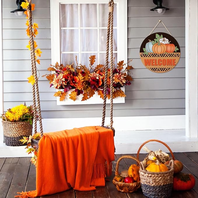 CHDITB Fall Pumpkin Welcome Front Door Sign Wreath(12"x12"), Wooden 3D Hello Fall Autumn Decoration Wall Hanging, Farmhouse Vintage Welcome Home Decor Hanger for Porch Indoor Thanksgiving