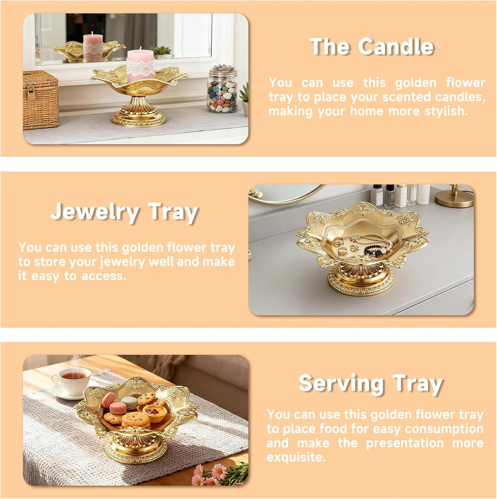 Golden Fruit Bowl for Kitchen Counter, Christmas Decorative Bowl for Home Decor, Serving Tray for Candy Dish Pedestal Floating Flowers Diwali Candles, Buddhist Offering Plate