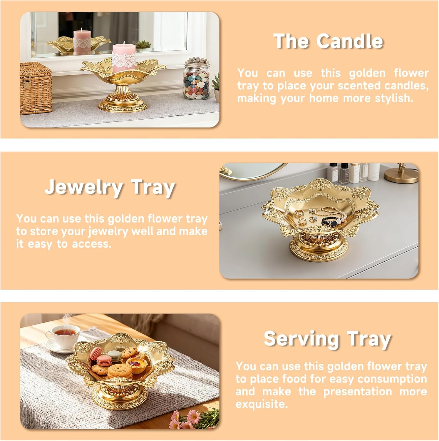 Golden Fruit Bowl for Kitchen Counter, Christmas Decorative Bowl for Home Decor, Serving Tray for Candy Dish Pedestal Floating Flowers Diwali Candles, Buddhist Offering Plate
