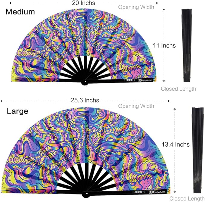 UV Glow Rave Fan, Bamboo Folding Clack Hand Fans Foldable for Men Women, Boots on the Ground Poping Fan for EDM Festival Line Dance Decoration, (Waves-2, Medium 11")