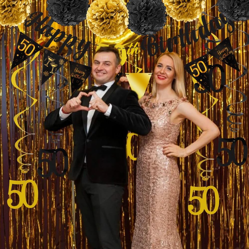 TOBATOBA 50th Birthday Decorations Kit for Men Women, Black Gold Happy 50th Birthday Banner, Triangle Flag Banner 50th Birthday Party Decorations, 50 Year Old Birthday Party Supplies