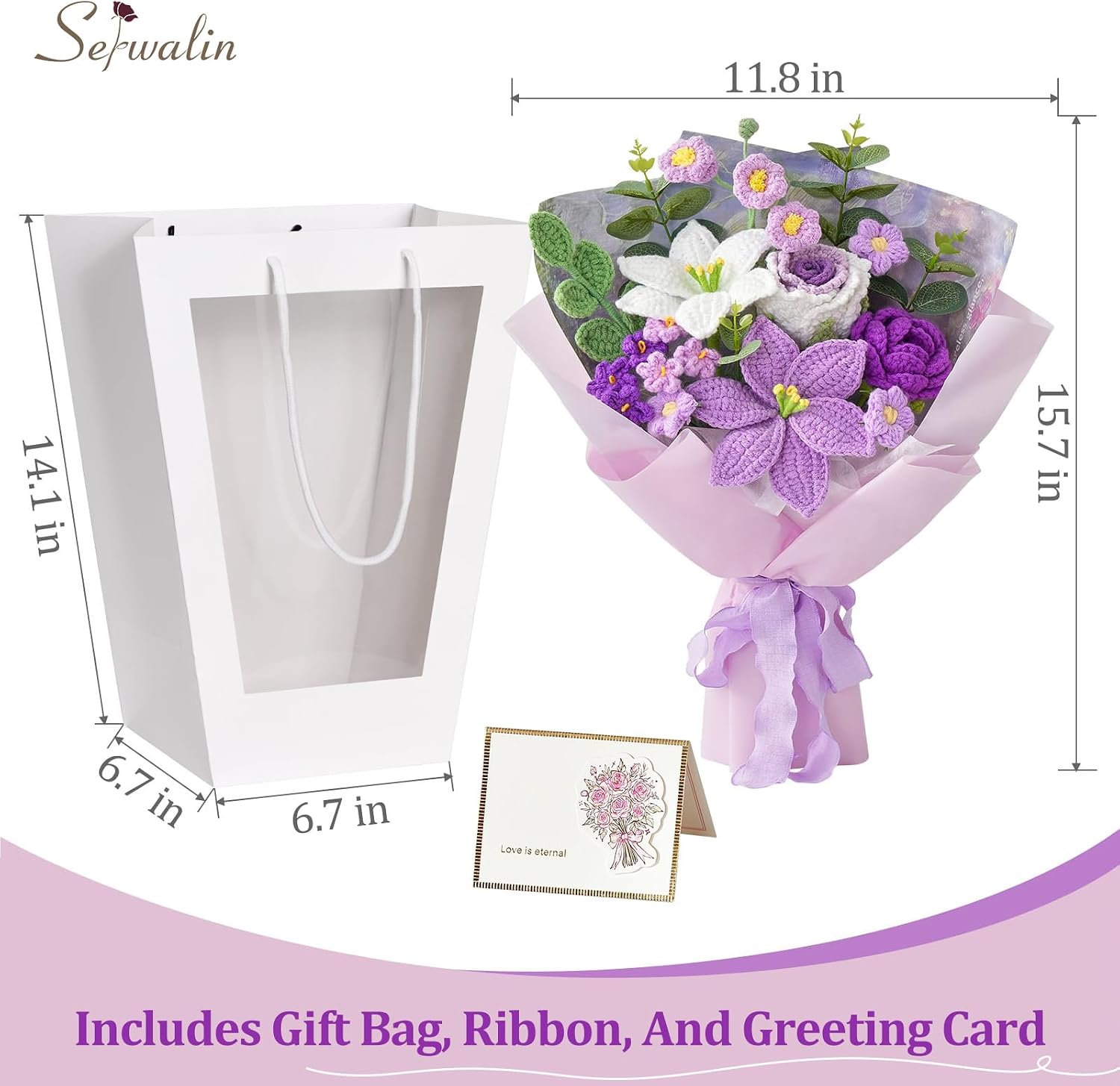 Serwalin Crochet Flower Bouquet, Purple Handmade Knitted Flowers, Liliy Roses Crochet Flowers for Mother's Day Graduation Lover Teacher Anniversary Birthday Gifts, for Girlfriend,Wife(Include Card)