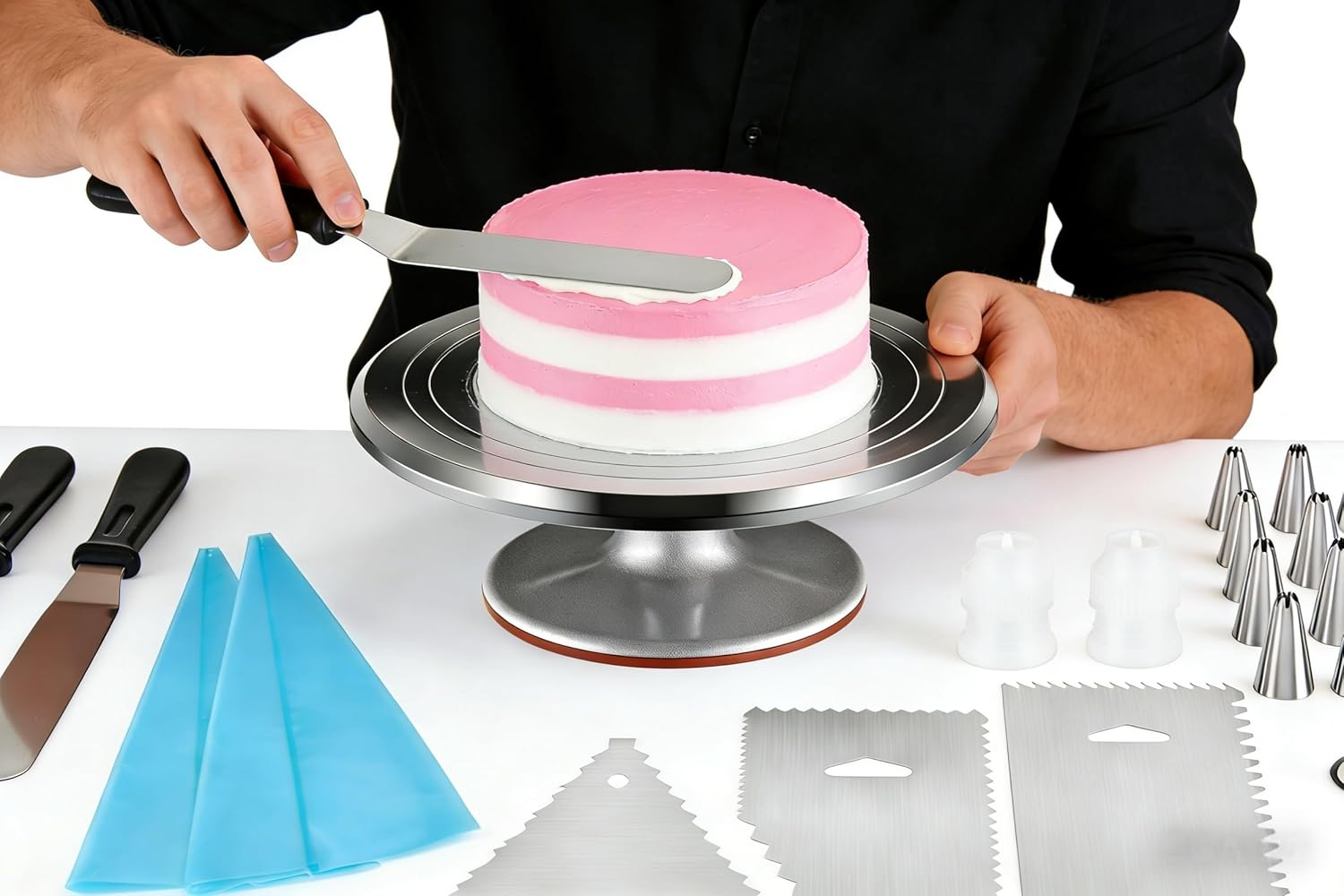 Cake Decorating Kit 35 Pieces - 24 Piping Tips Set with 12 Inch Turntable, Reusable Pastry Bag, Icing Spatula, Scraper, Couplers - Baking Tools for Beginners, Professional Cake Decorating Supplies