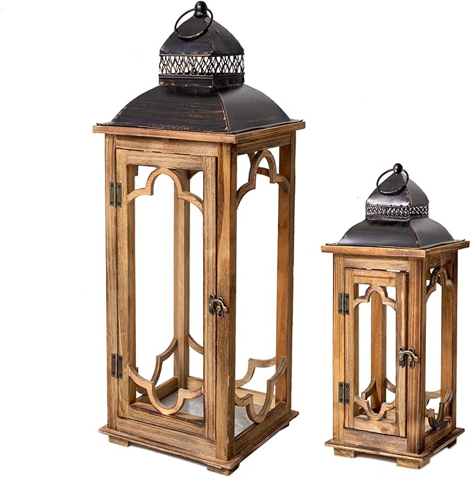 Large Farmhouse Decorative Wooden Lantern Set of 2, Rustic Brown Floor Lanterns, Indoor/Outdoor Hurricane Lanterns for Home Decor (No Glass)
