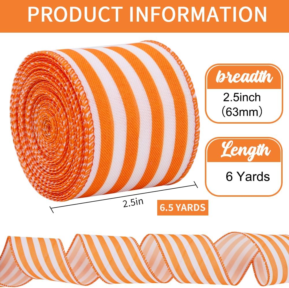 TONIFUL 2.5 Inch Orange Stripe Burlap Wired Ribbon, Summer Spring Easter Ribbon for Gift Wrapping, Wreath Bows Making, Crafts, Baby Shower, Home Decoration, Easter Decor (Orange, 6yds)