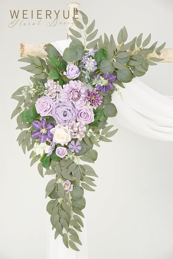 Artificial Wedding Arch Flowers Kit(Pack of 3),2Pcs Artificial Flower Arch Decor,1Pcs Sheer Drape for Wedding Ceremony Arbor for WeddingCeremony (Provence Purple)