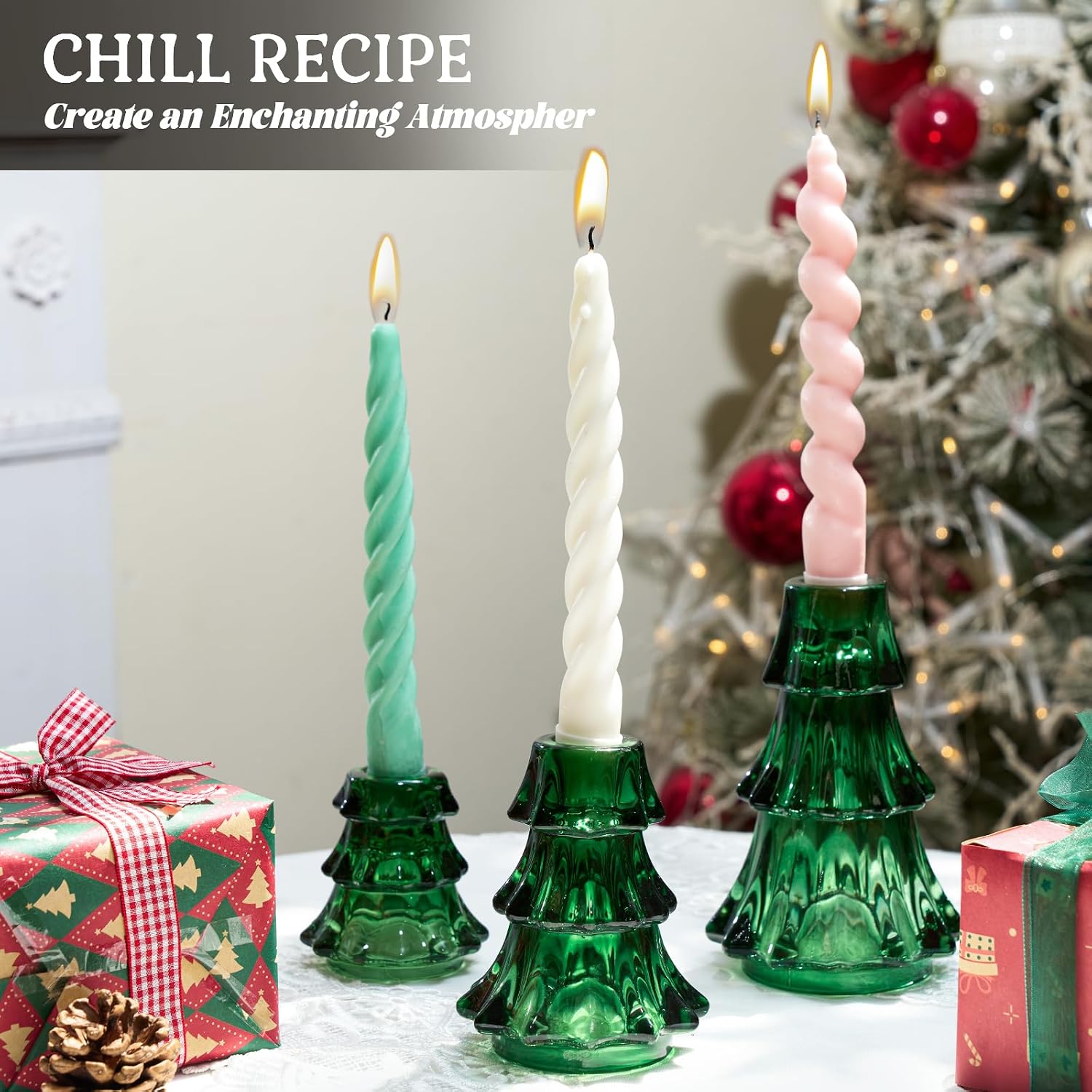 CHILL RECIPE Christmas Tree Candle Holders Xmas Glass Taper Candlestick Holders Thickened with Rubber Candle Grippers for Decoration Table Centerpiece Dinner Party Home Decor(Green 3Pcs &Box)