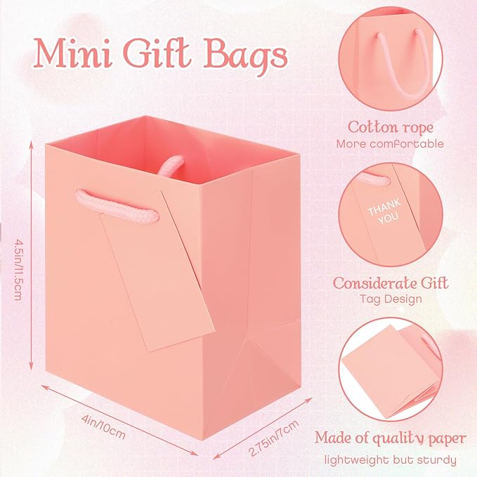 Sherr 100 Pack Mini Gift Bags Bulk, 4 x 2.75 x 4.5 Inches Paper Bags with Tags, Extra Small Paper Gift Boxes with Handles for Birthday, Party Favors, Weddings, Small Business(Pink)