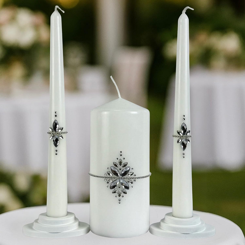 Unity Candle Set - Wedding Ceremony & Reception – 6” Pillar & Two 10” Taper Candles – Long Burning Unity Candles for Marriage Ritual – Handmade in USA –White|Cristal|Classic