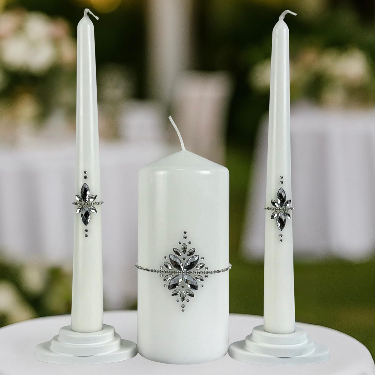 Unity Candle Set - Wedding Ceremony & Reception – 6” Pillar & Two 10” Taper Candles – Long Burning Unity Candles for Marriage Ritual – Handmade in USA –White|Cristal|Classic